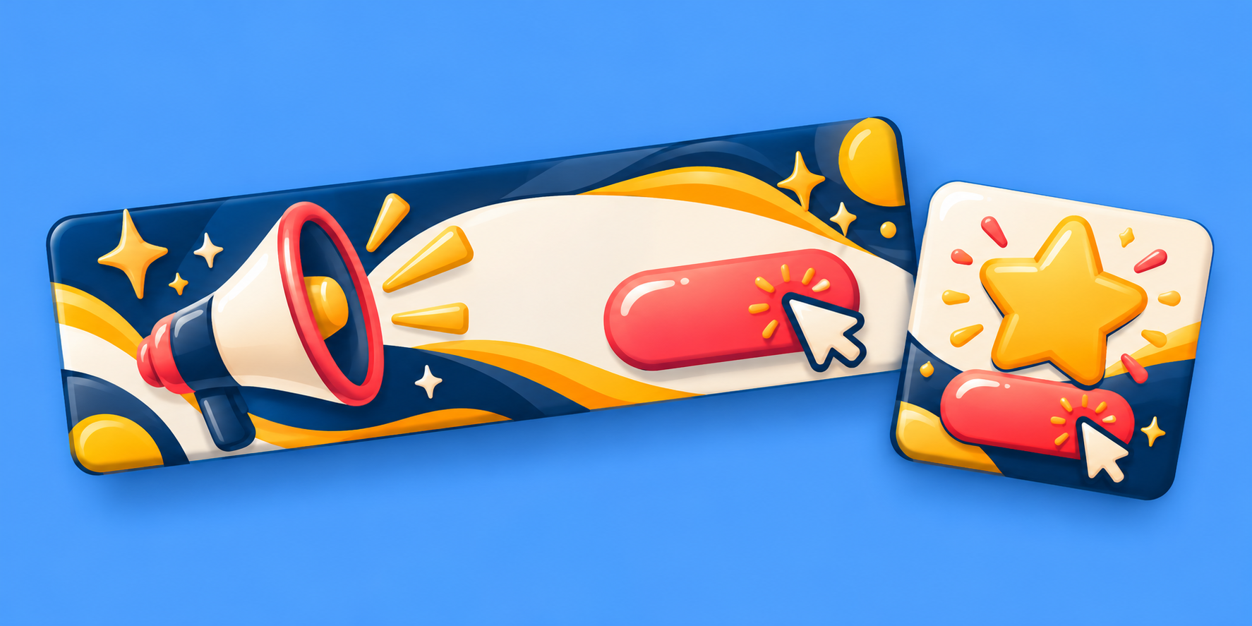 A wide banner with a megaphone and a square banner with a star