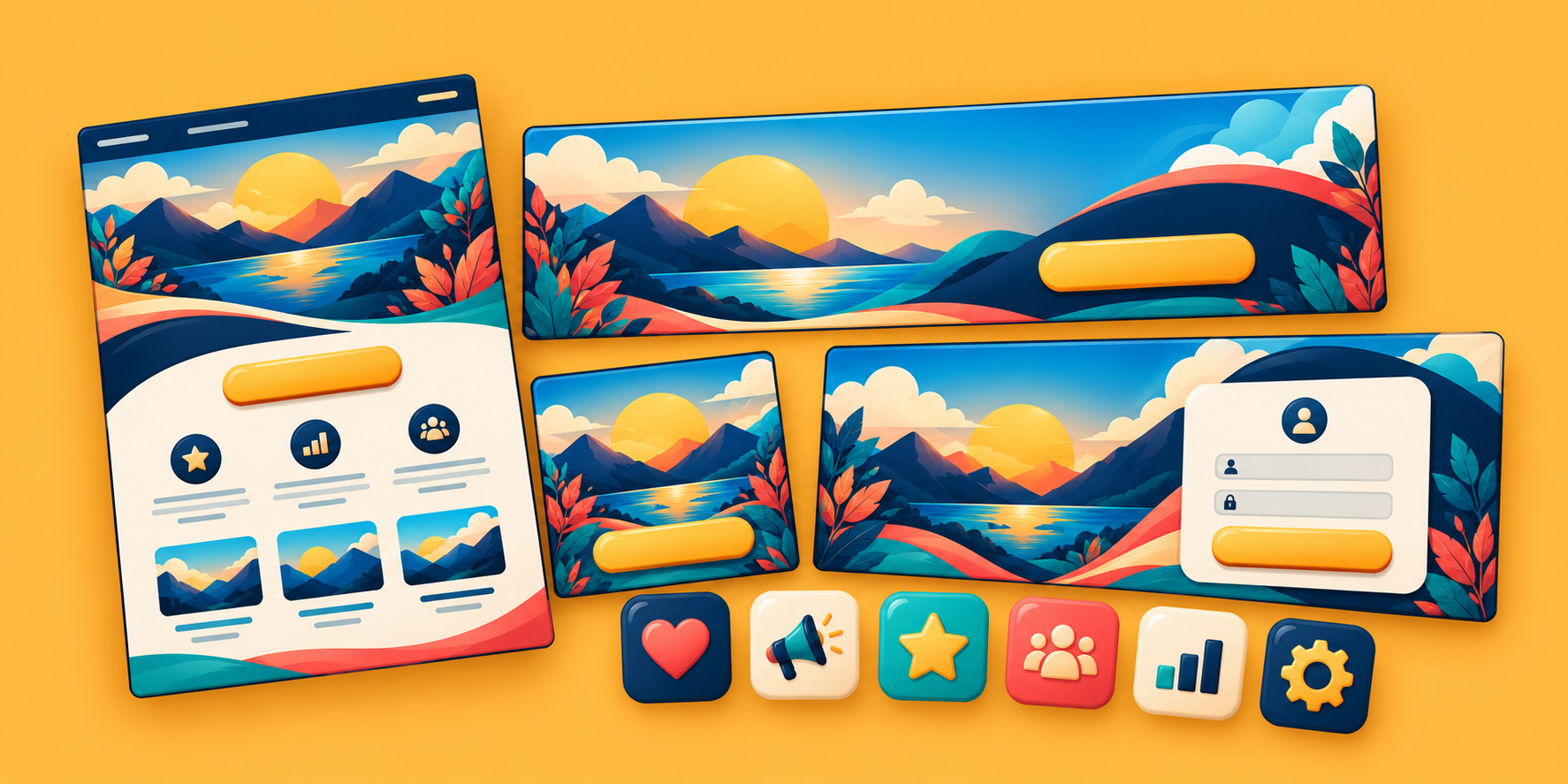 A full set of matching designs: splash page, banners, login banner and icons