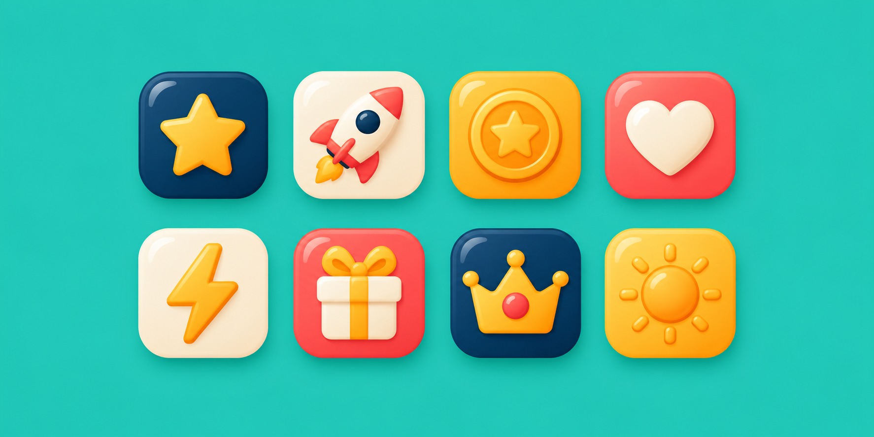 Eight glossy surf icons: star, rocket, coin, heart, lightning, gift, crown and sun